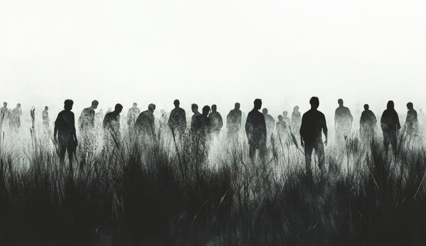 Silhouette horde walking through a field in a misty landscape
