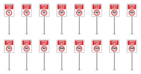 Speed limit sign collection in red and white. Road traffic signs with numbers on poles for transport and safety regulation. Vector set.