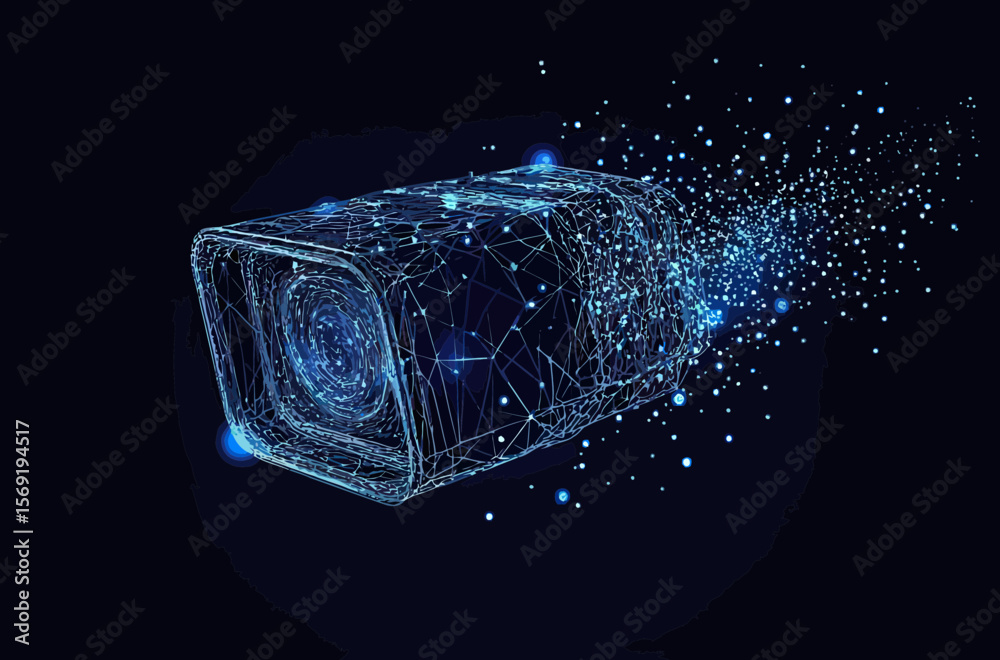 Poster digital 3d wireframe security camera with particle dispersion effect in blue low poly style on dark 