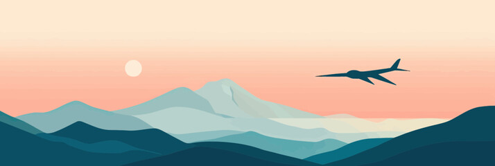 Minimalist vector illustration of airplane flying over layered mountain landscape during sunset with soft pastel colors and clear sky background