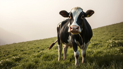 Black and white cow grazing in a serene pastoral landscape, peaceful countryside.