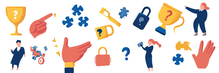 Flat minimalist vector illustration set of business hands holding trophy cup with question mark, pointing finger, connecting puzzle pieces, holding lock and key concepts