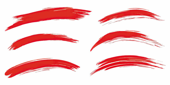 Set of six red brush stroke vector underlines with textured paint marks in flat minimalist style for design accents and highlights in artwork and typography composition