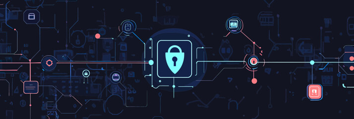 Digital cyber security network with padlock icon, encrypted data transmission, computer protection, online safety concept illustration with blue and red lines on dark background