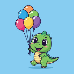 Obraz premium Cute Green Dinosaur Holding Colorful Balloons Cartoon Illustration