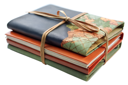 Stack of colorful journals tied with a ribbon isolated on transparent background