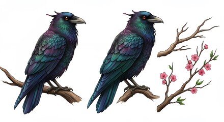 Obraz premium Raven illustration with spring blossoms