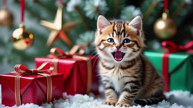 Playful brown kitten meowing among Christmas presents and decorations  