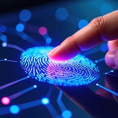 Finger Touching Glowing Fingerprint on Digital Screen – Macro Biometric Authentication in Neon Light