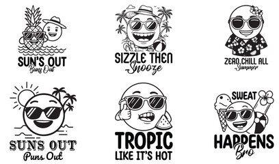 Fun summer emoji puns and sayings in black and white tropical themed designs ready for prints