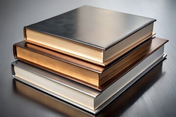 A stack of books with gold leaf pages rests on a dark surface
