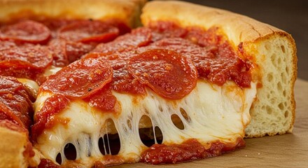 A deep-dish pizza slice with thick tomato sauce.