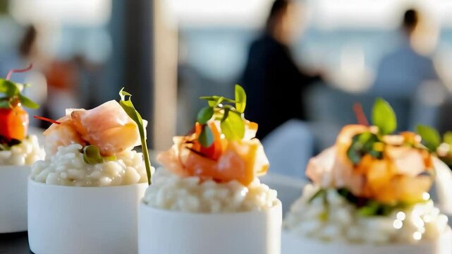 A row of small cups filled with risotto, topped with diced tomatoes, herbs, and garnishes.