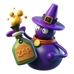 3d purple witch with potion bottle on transparent background