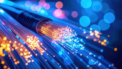 Macro Shot of Glowing Fiber Optic Cables. Abstract Light Pattern and Futuristic Technology