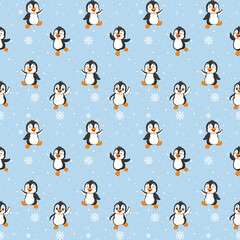 A cute cartoon penguin with a black and white face, orange beak and feet, and bright, round eyes. It has various poses such as standing, smiling, waving, jumping, and being cheerful, giving a