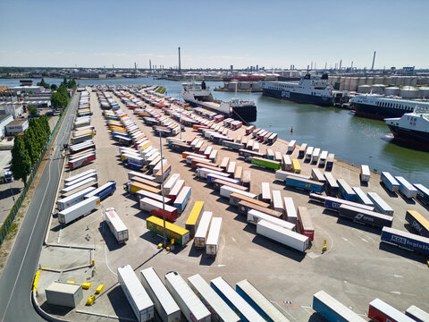 Ferry terminal with DFDS ships and trailers in Port of Vlaardingen, Netherlands