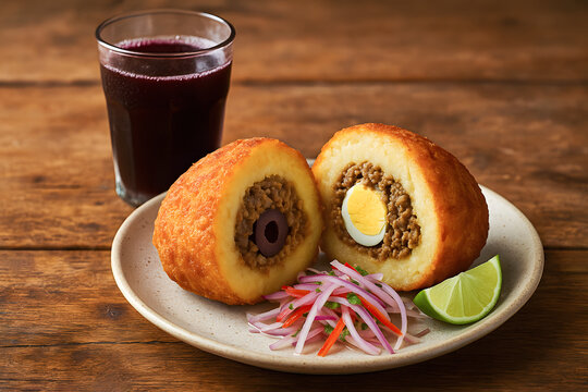 Papa rellena with salad. Traditional Peruvian dish of stuffed potatoes. Delicious food, Peru