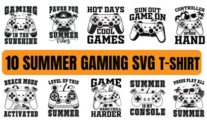 Ten summer gaming themed svg designs perfect for t-shirts featuring game controller graphics and vacation vibes