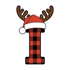 Christmas letter I with plaid, antlers, and Santa hat, Festive uppercase letter I decorated with a red plaid pattern, cartoon antlers, and Santa hat, perfect for holiday crafts and Christmas design 

