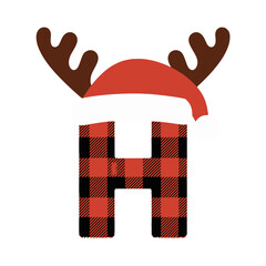 Christmas letter H with plaid, antlers, and Santa hat, Festive uppercase letter H decorated with a red plaid pattern, Santa hat, and cartoon antlers, perfect for holiday crafts and Christmas design 
