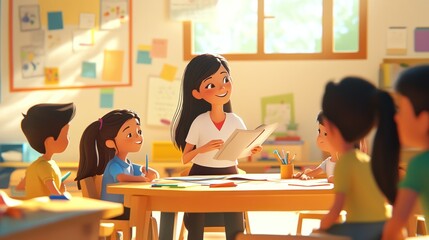 Fototapeta premium Smiling teacher instructs children in a bright classroom.