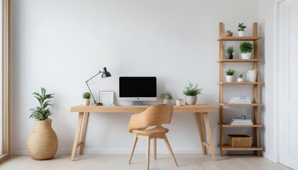Minimalist home office setup with wooden desk, computer, lamp, potted plants, and shelves filled with decor items, designed for productivity and comfort.