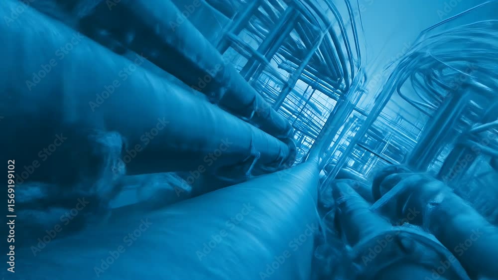 Canvas Prints abstract close-up of blue industrial pipelines and structures, blurred, suggesting fluid dynamics