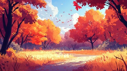 A vibrant autumn landscape with colorful trees and a serene pathway.