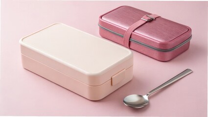 Stylish pink lunch boxes and a spoon arranged on a soft pink background perfect for meal prep and on the go dining