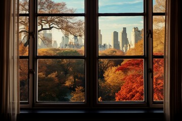 Warm sunlight illuminates vibrant autumn foliage in central park, with the manhattan skyline peeking through the trees, viewed from a classic window
