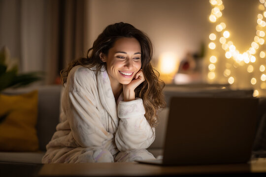 woman video calling, cozy evening, Christmas lights, online holiday call, winter home, fluffy bathrobe, smiling woman, holiday mood, festive interior, evening glow, remote connection, warm light, digi