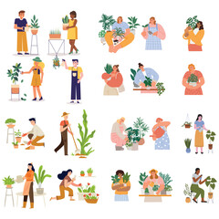 flat illustration people taking care plants