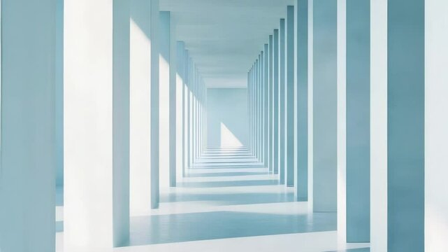 A series of parallel columns within a minimalist, brightly lit space, creating an illusion of depth and perspective.