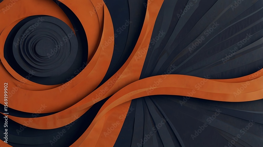 Fototapete abstract rendering of swirling orange ribbons over a dark layered background design element