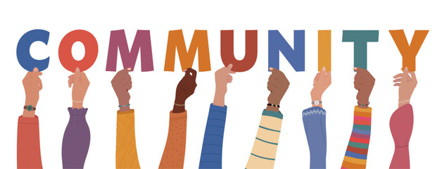 Diverse hands holding letters that form the word community symbol of unity and cooperation