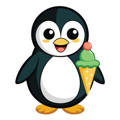 Obraz premium A cute cartoon penguin is holding an ice cream cone, a symbol of winter, cold weather, and a sweet treat.