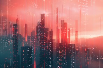 Data streams falling onto a futuristic cityscape at sunset, creating a mesmerizing blend of technology and urban life