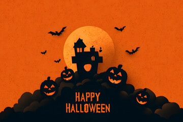 Halloween mockup with a blank greeting card, pumpkins, bats, and candy on white background.
