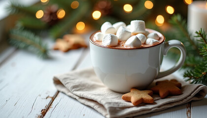 A cozy cup of hot chocolate topped with marshmallows, accompanied by gingerbread cookies on a wooden table. Soft holiday lights and greenery in the background.