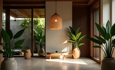 Modern Asian Interior with woven rattan lamps
