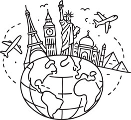 Playful travel doodles in line art or flat vector style featuring World Tourism Day, wanderlust, and vacation themes