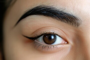 Fototapeta premium Close up of a woman's brown eye, highlighting professional makeup application with perfect eyebrow shaping and eyeliner