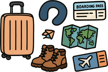Playful travel doodles in line art or flat vector style featuring World Tourism Day, wanderlust, and vacation themes