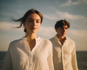 A young Caucasian woman with long brown hair stands in front of a young Caucasian man at the beach. They wear light-colored shirts against a sunny sky.