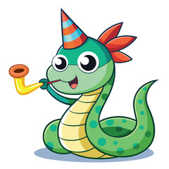 Fototapeta premium A cheerful cartoon snake with a party hat is blowing a party horn, symbolizing celebration, parties, and fun.