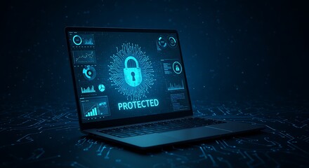 Laptop screen displaying digital security padlock and graphs