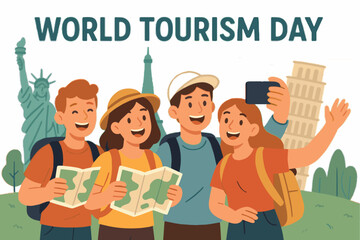 Playful travel doodles in line art or flat vector style featuring World Tourism Day, wanderlust, and vacation themes