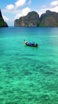 Serene Island Boat: A vibrant turquoise sea cradles a solitary boat, navigating toward a dramatic island backdrop, inviting viewers to explore the natural beauty and tranquility of the location.