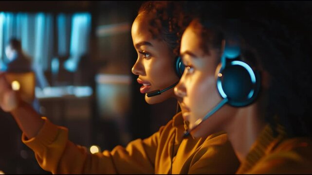 Young women engaged in focused work at a modern office, showcasing teamwork and concentration